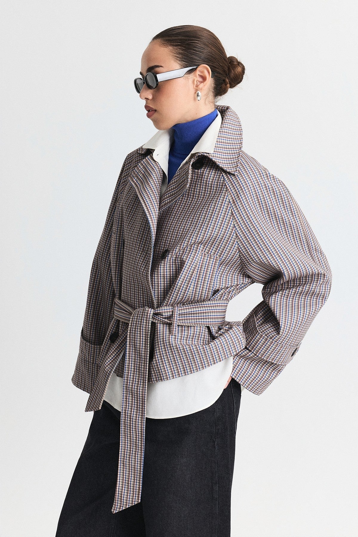 Short Trench Coat with a Checkered Pattern and a Belt