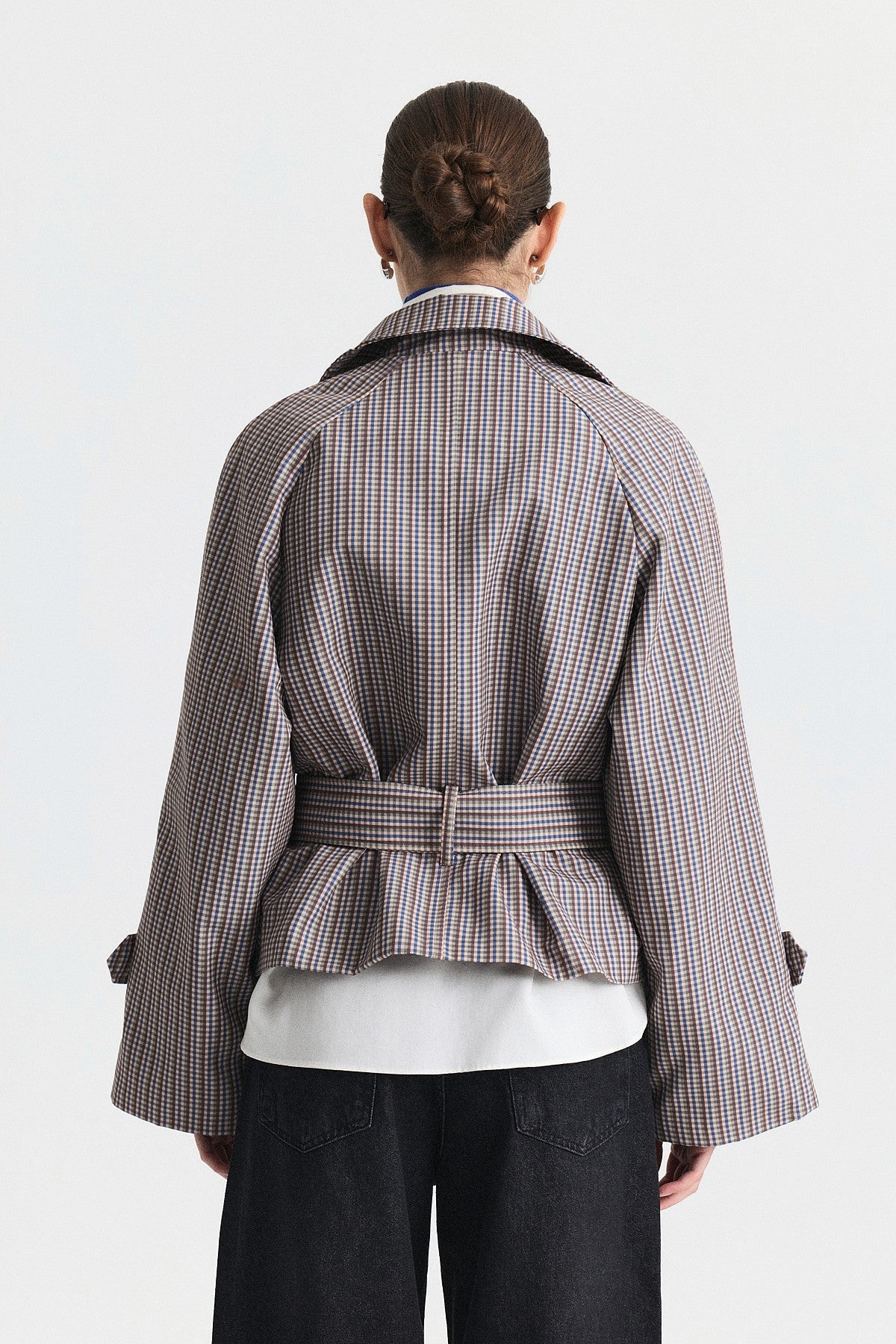 Short Trench Coat with a Checkered Pattern and a Belt