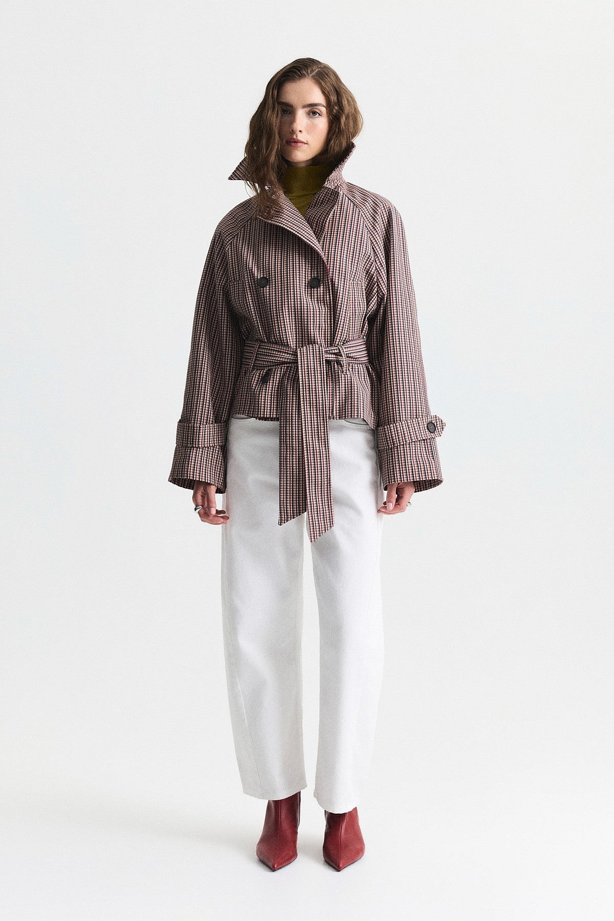 Short Trench Coat with a Checkered Pattern and a Belt