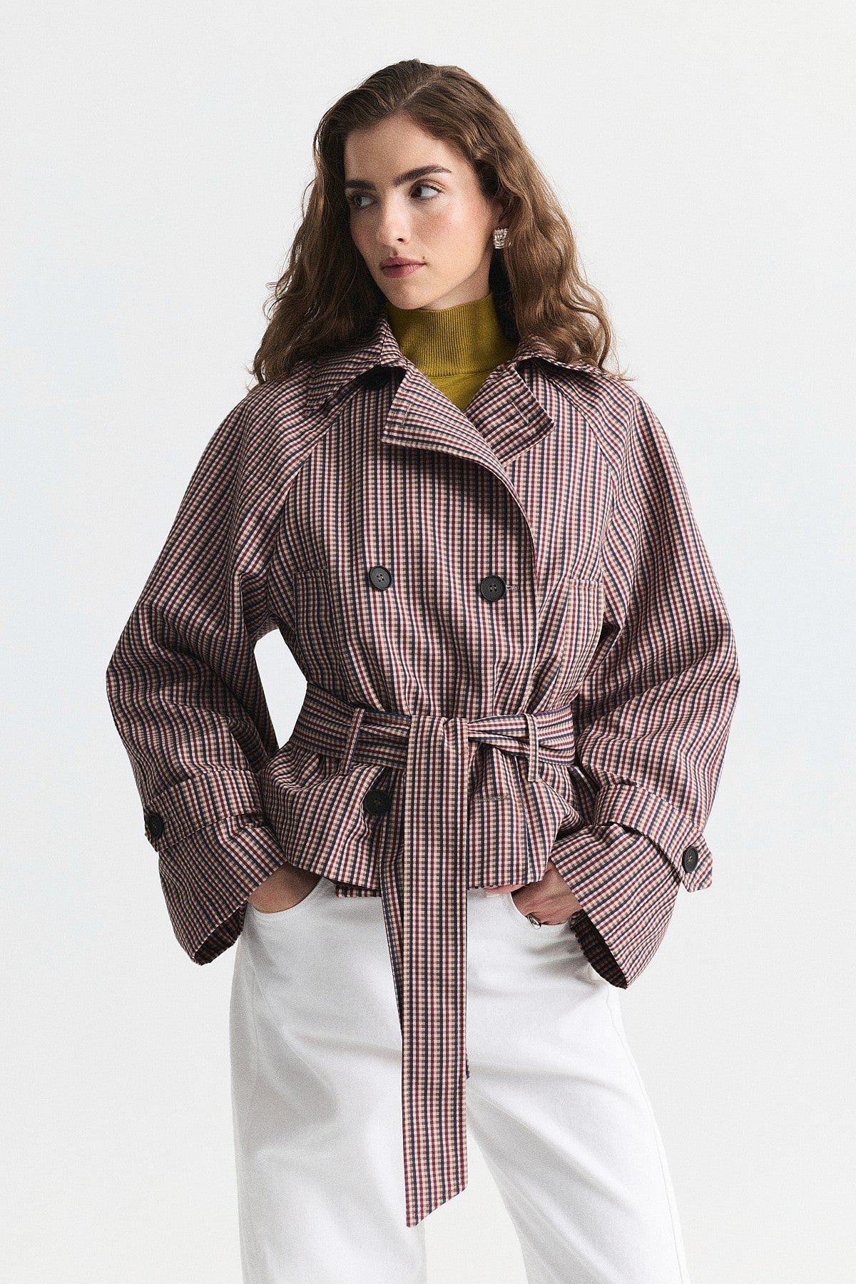 Short Trench Coat with a Checkered Pattern and a Belt