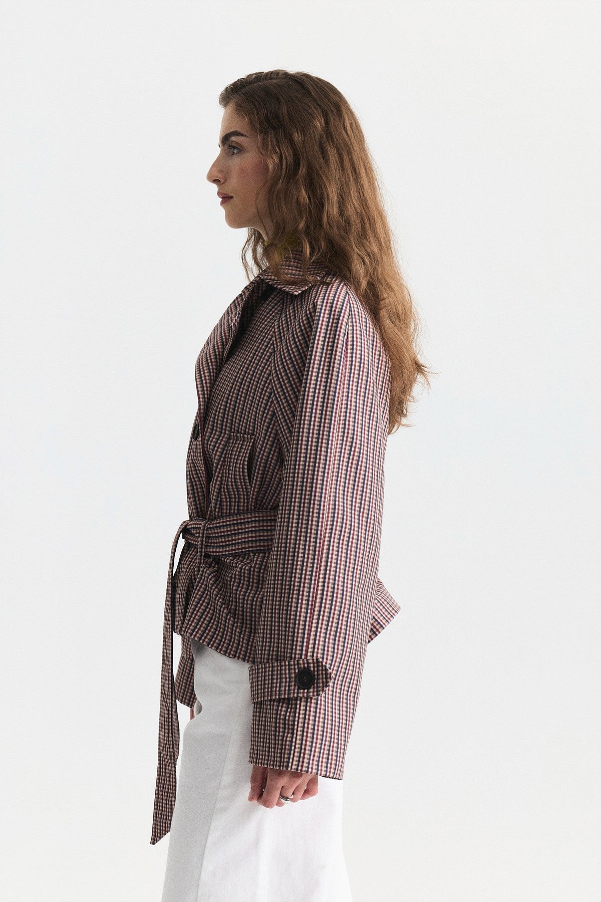 Short Trench Coat with a Checkered Pattern and a Belt