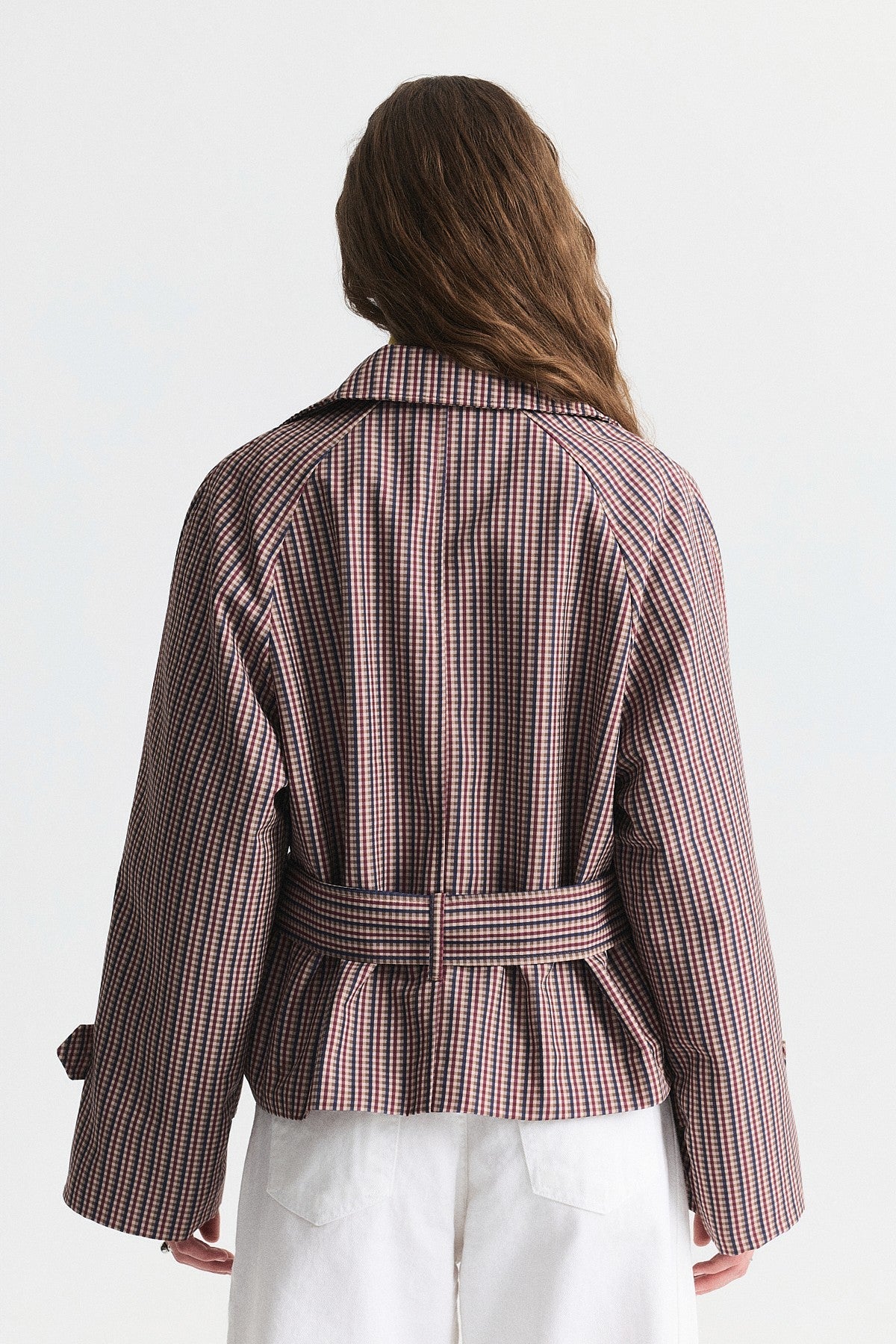 Short Trench Coat with a Checkered Pattern and a Belt