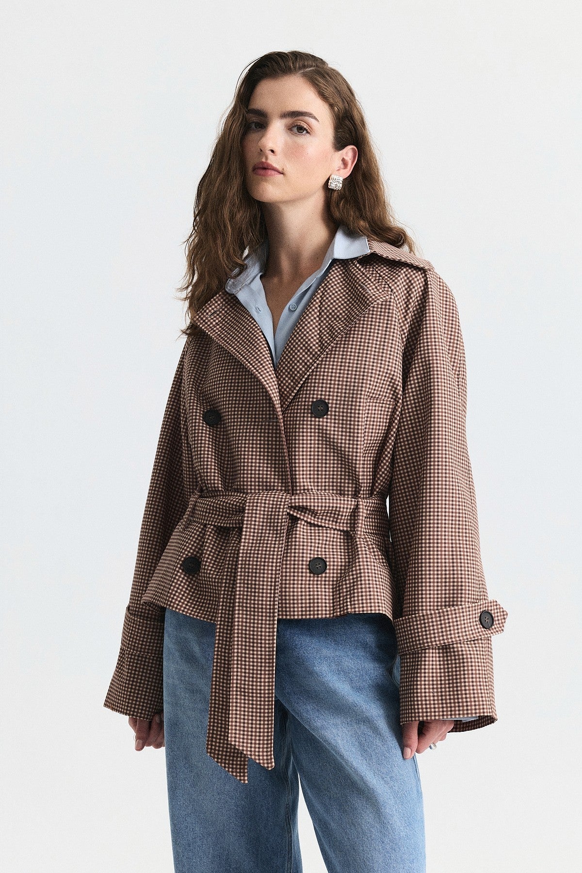 Short Trench Coat with a Checkered Pattern and a Belt