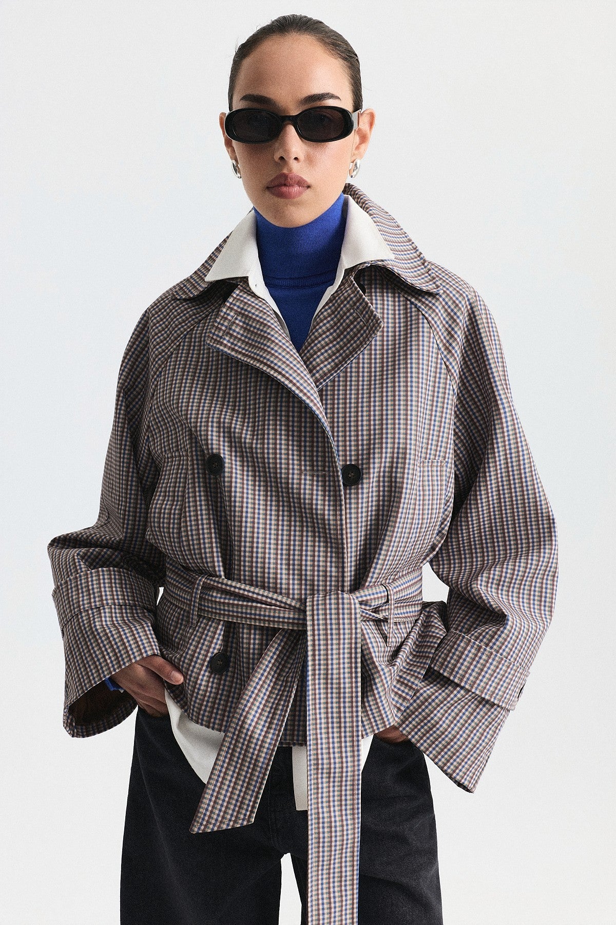 Short Trench Coat with a Checkered Pattern and a Belt