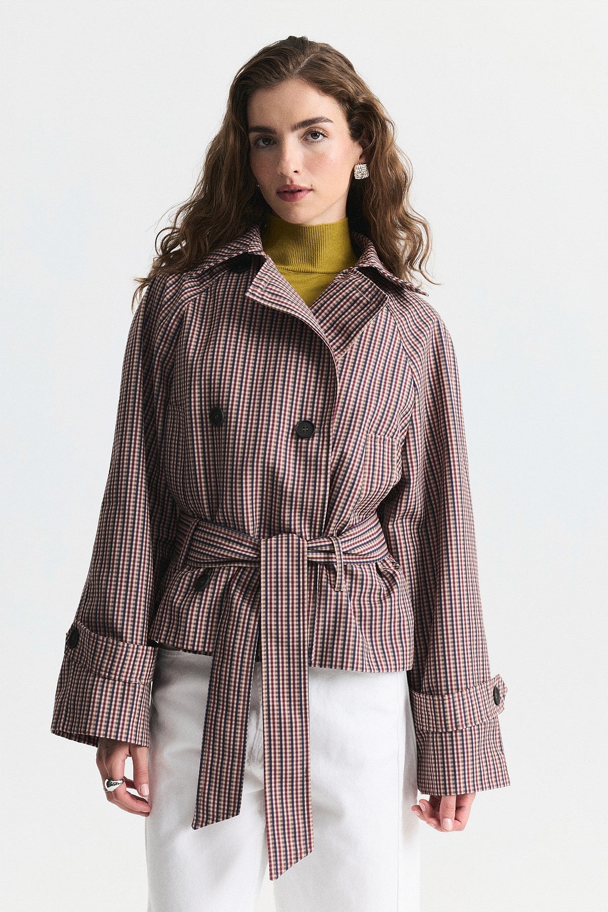 Short Trench Coat with a Checkered Pattern and a Belt