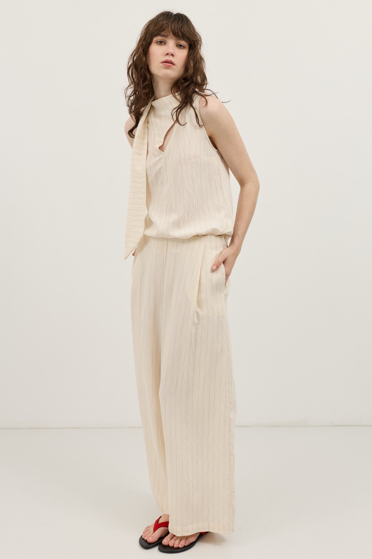 Cream-Colored Shawl-Collar Striped Women's Set
