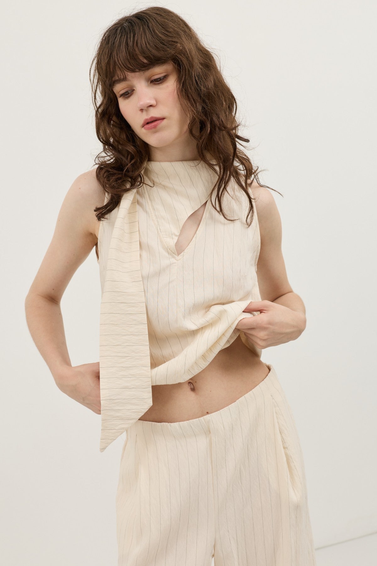 Cream-Colored Shawl-Collar Striped Women's Set