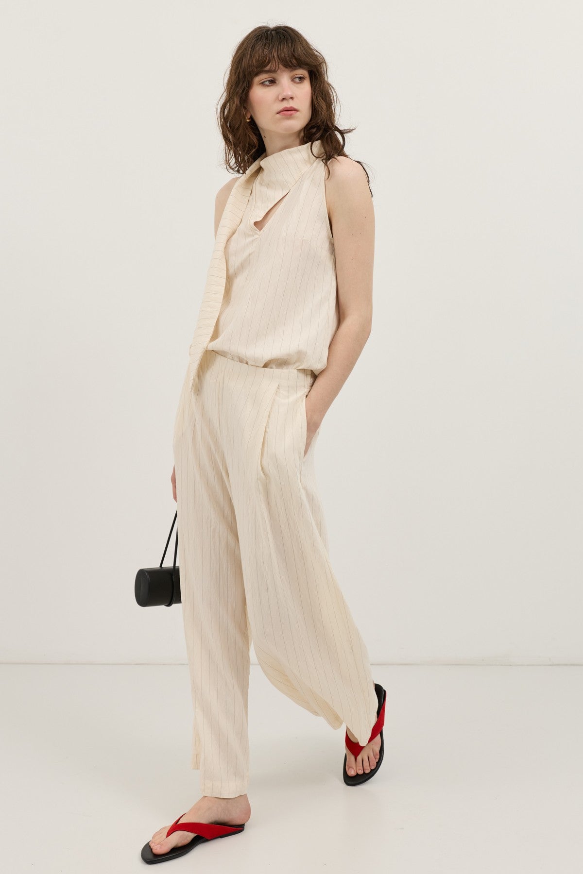 Cream-Colored Shawl-Collar Striped Women's Set