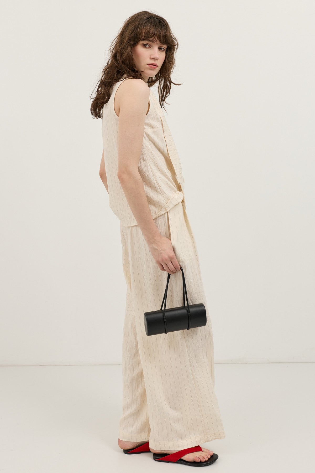 Cream-Colored Shawl-Collar Striped Women's Set
