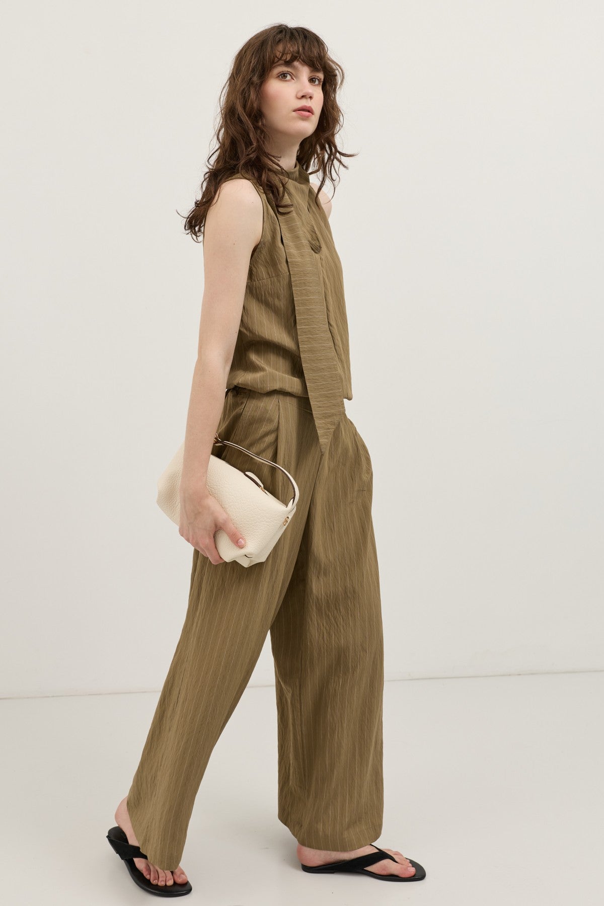 Cream-Colored Shawl-Collar Striped Women's Set