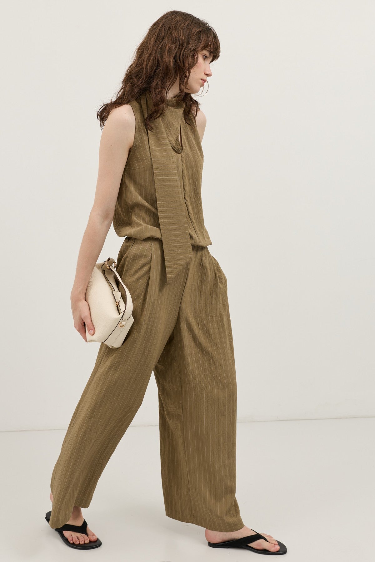 Cream-Colored Shawl-Collar Striped Women's Set