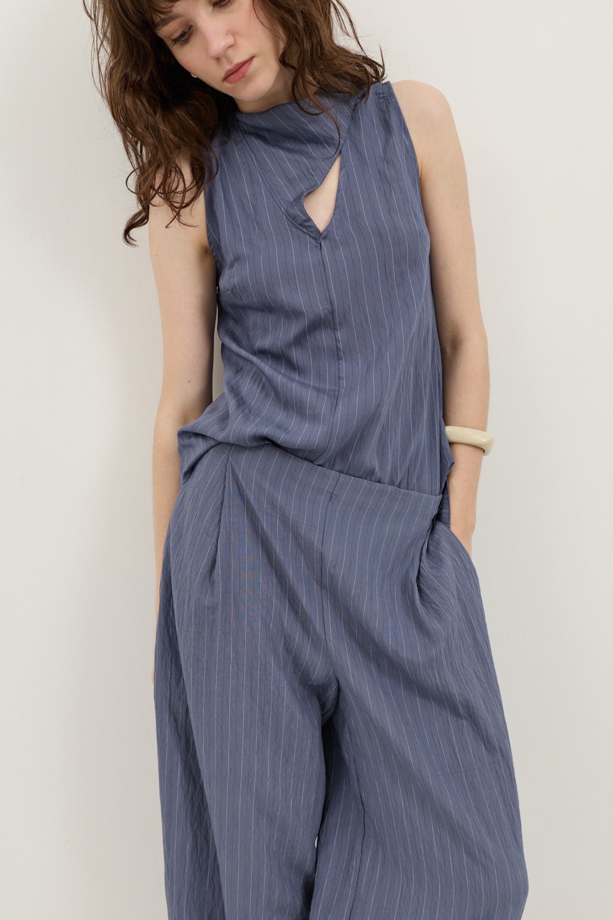 Cream-Colored Shawl-Collar Striped Women's Set