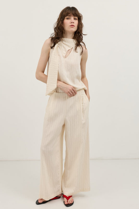 Cream-Colored Shawl-Collar Striped Women's Set