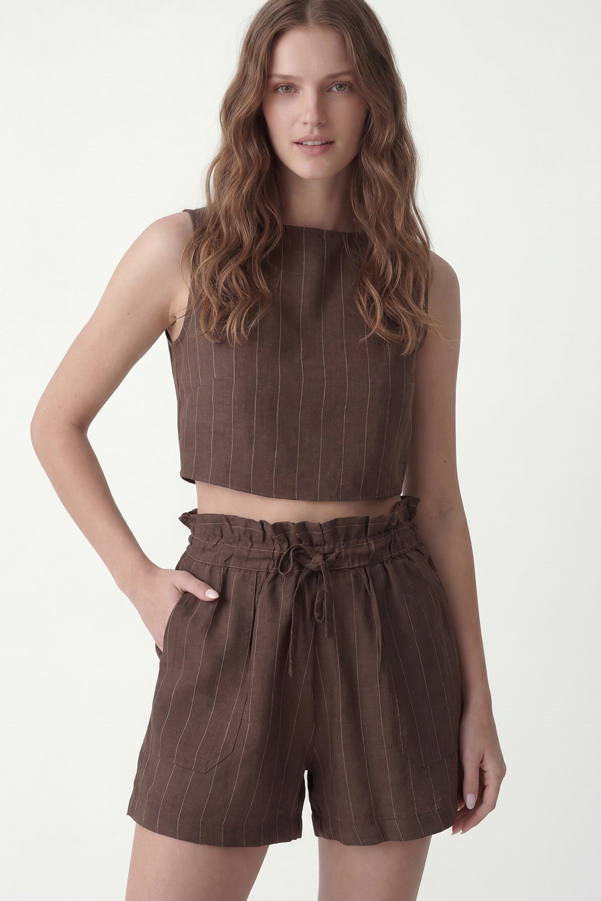 Linen-Blend Striped Shorts Set