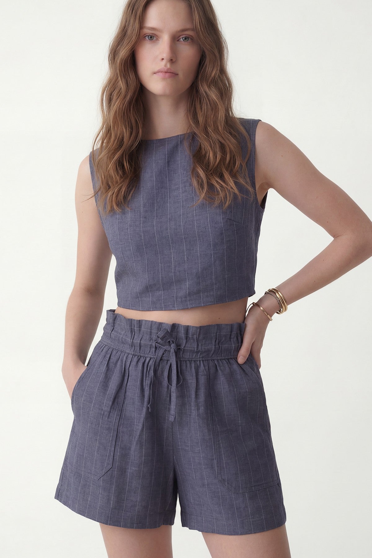 Linen-Blend Striped Shorts Set