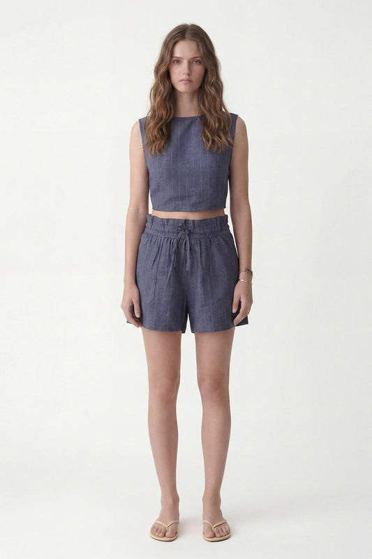 Linen-Blend Striped Shorts Set