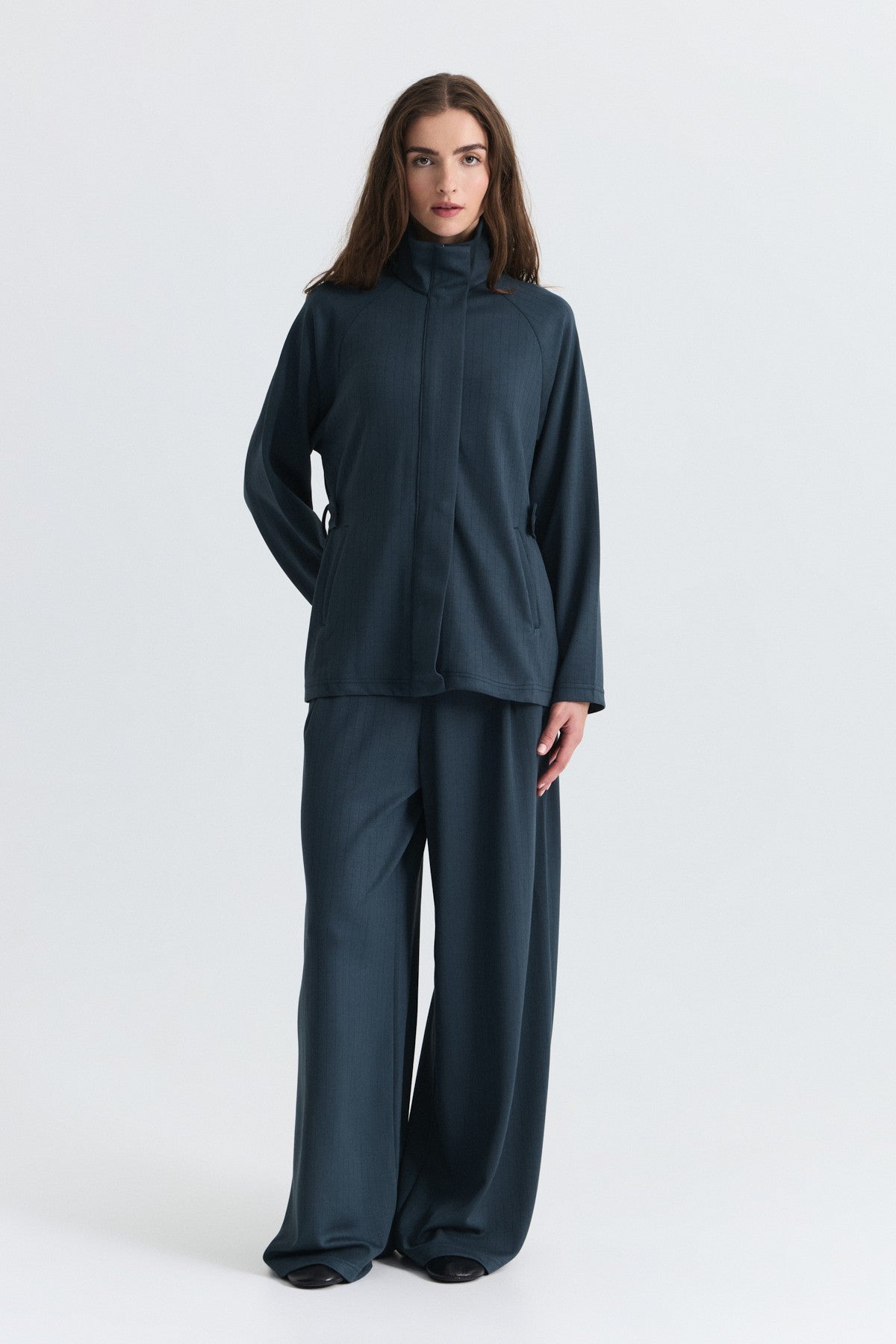 Soft-Textured Blazer and Pants Set with a Belt