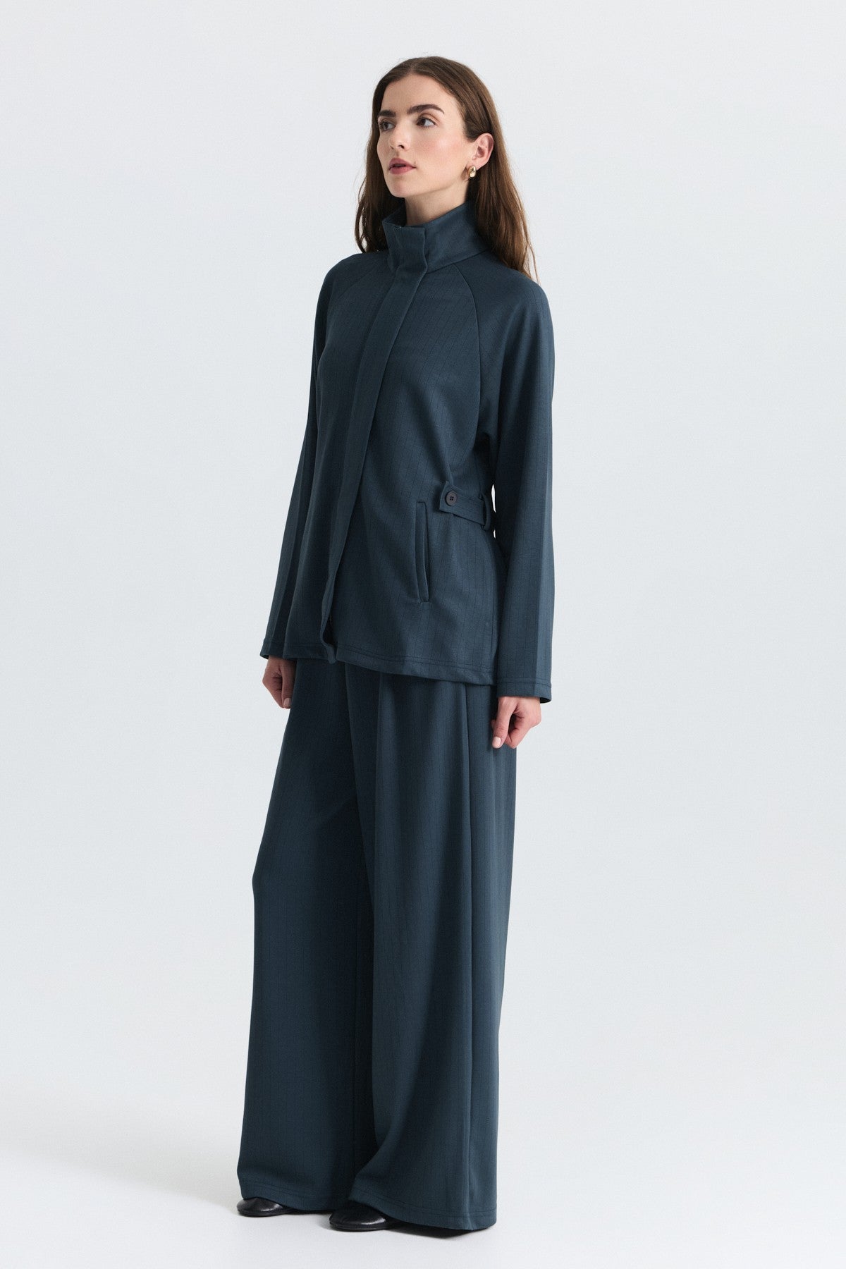 Soft-Textured Blazer and Pants Set with a Belt