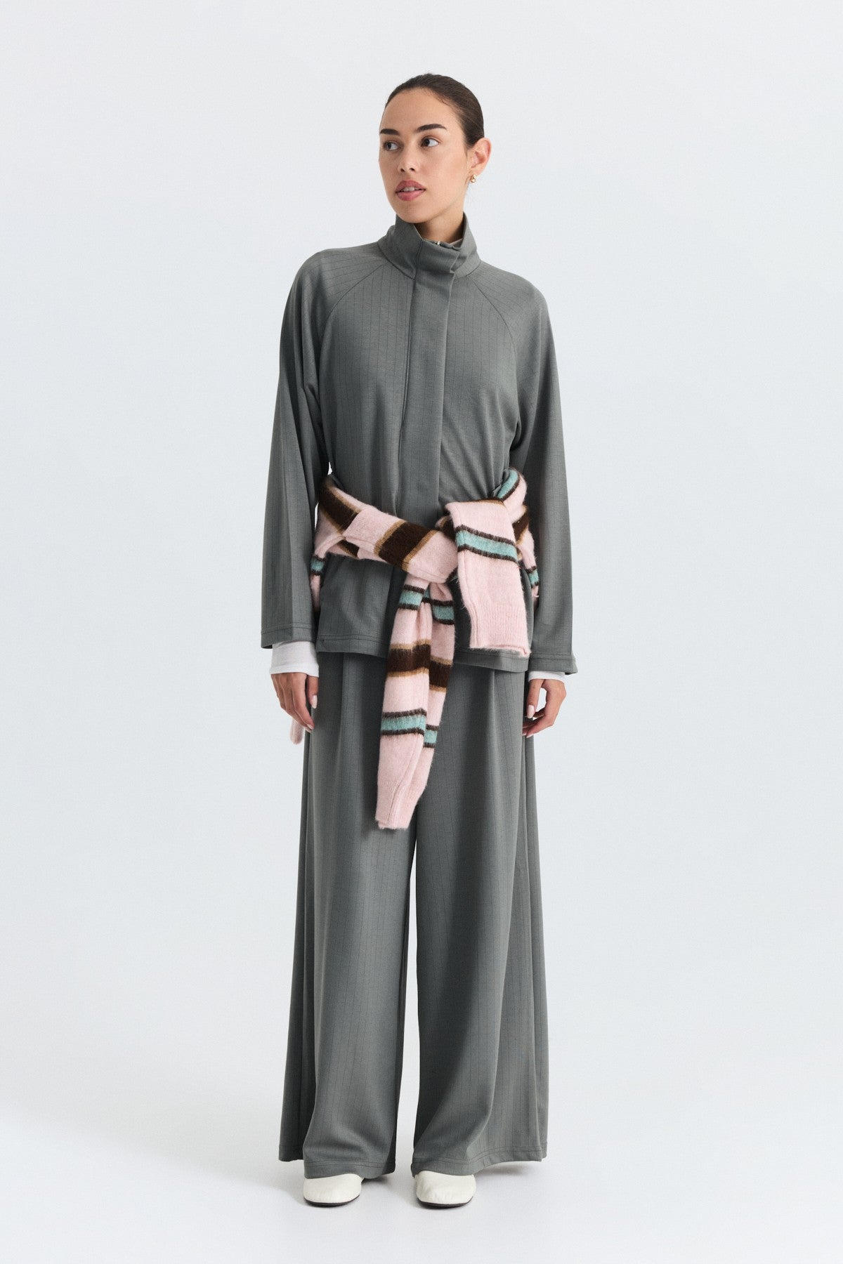 Soft-Textured Blazer and Pants Set with a Belt