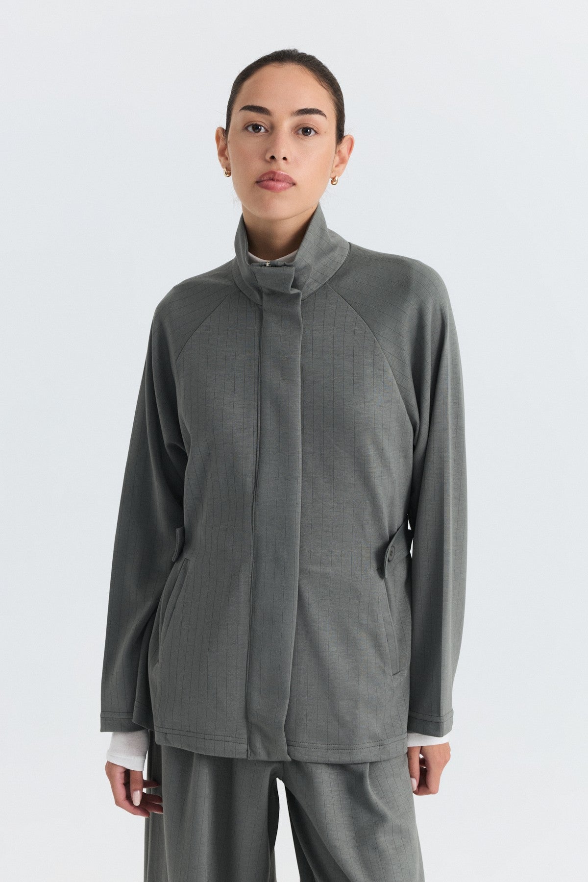 Soft-Textured Blazer and Pants Set with a Belt