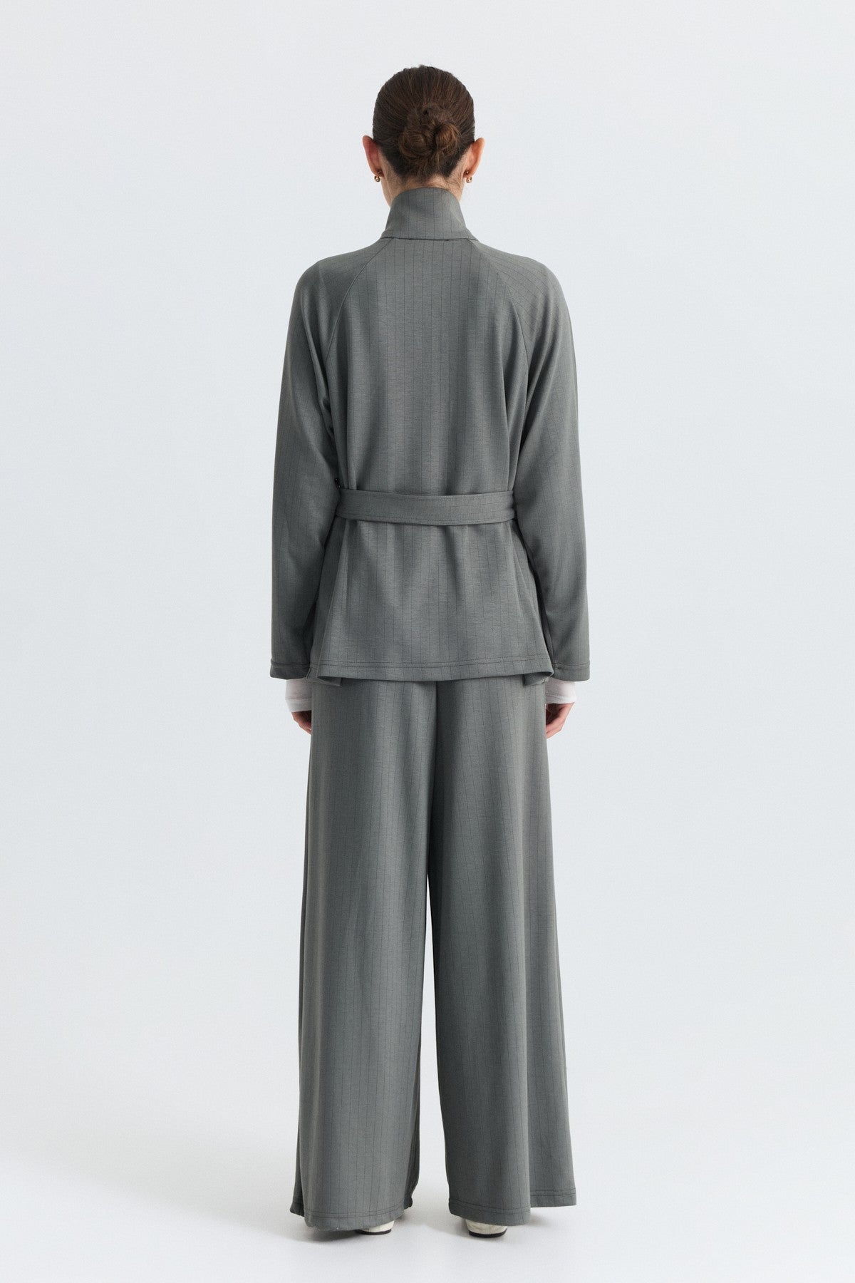 Soft-Textured Blazer and Pants Set with a Belt