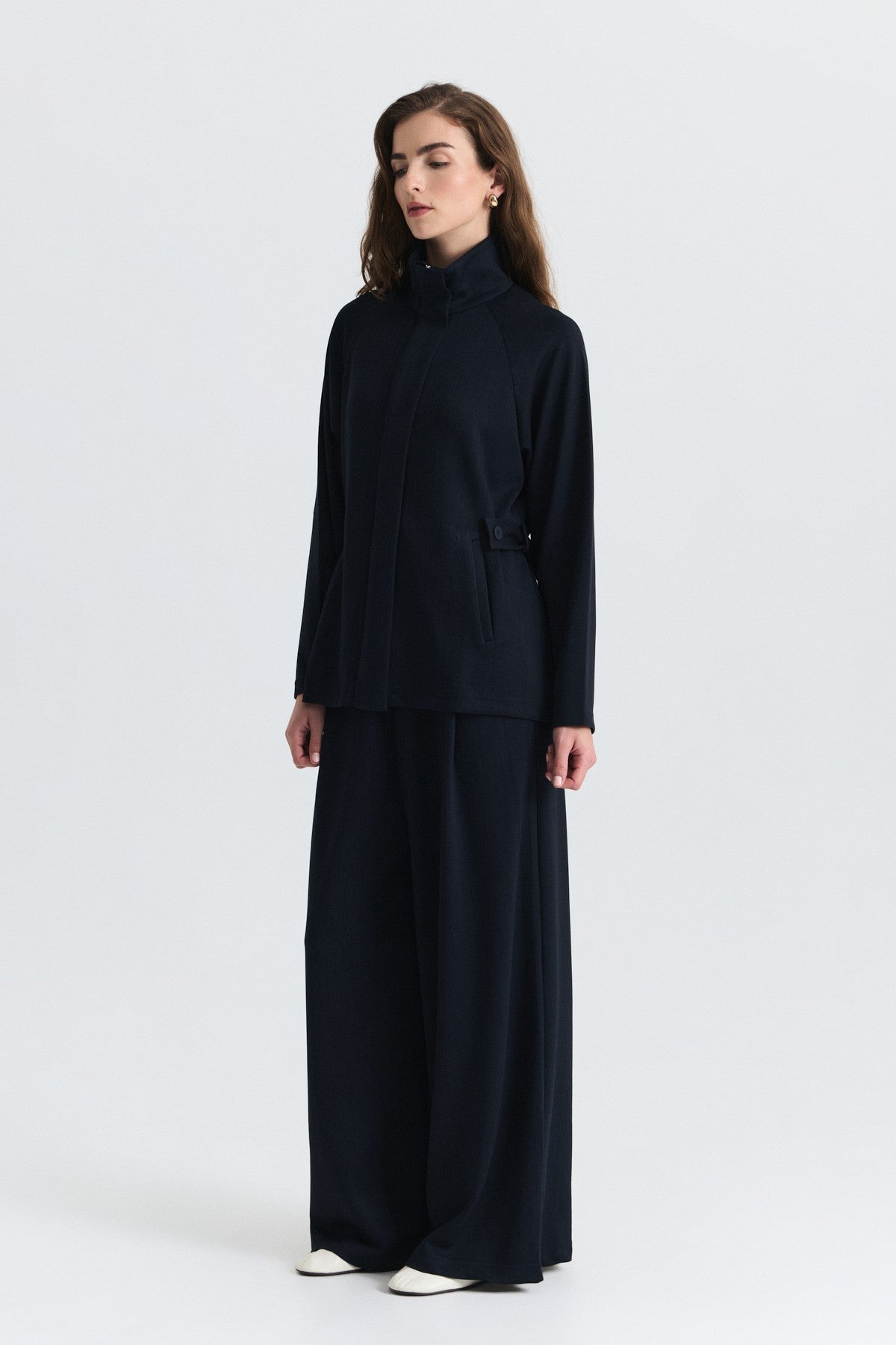 Soft-Textured Blazer and Pants Set with a Belt