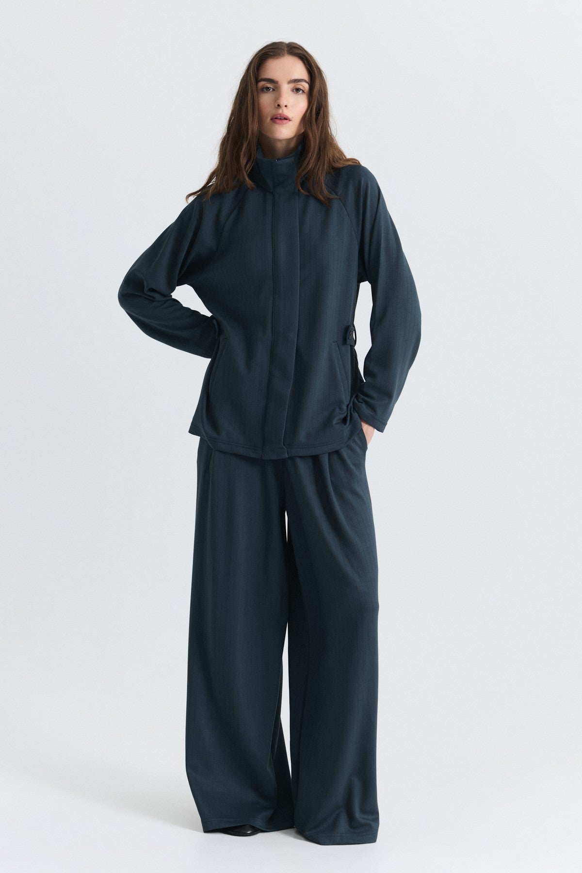 Soft-Textured Blazer and Pants Set with a Belt