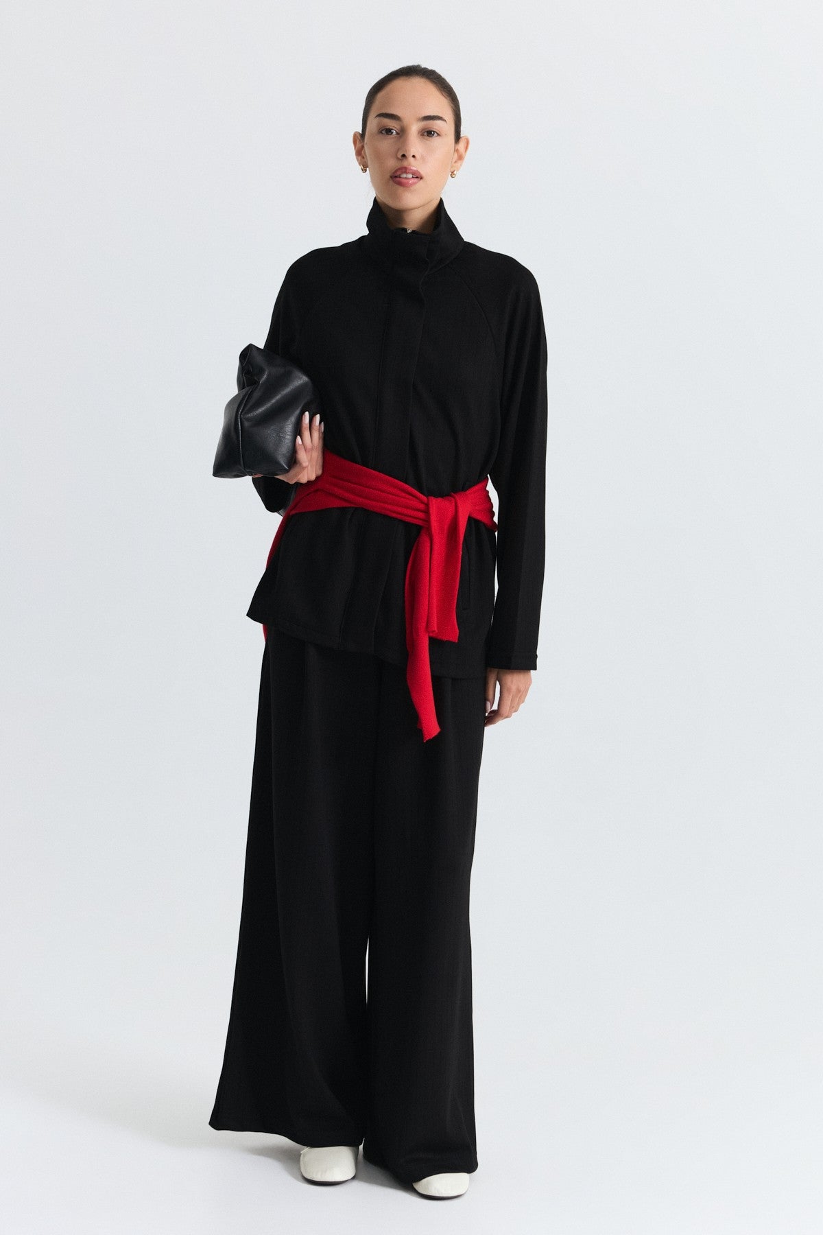 Soft-Textured Blazer and Pants Set with a Belt