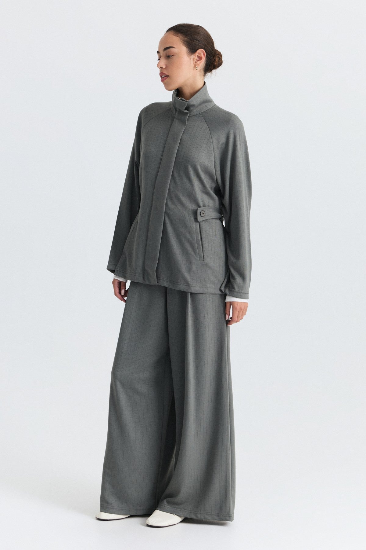 Soft-Textured Blazer and Pants Set with a Belt