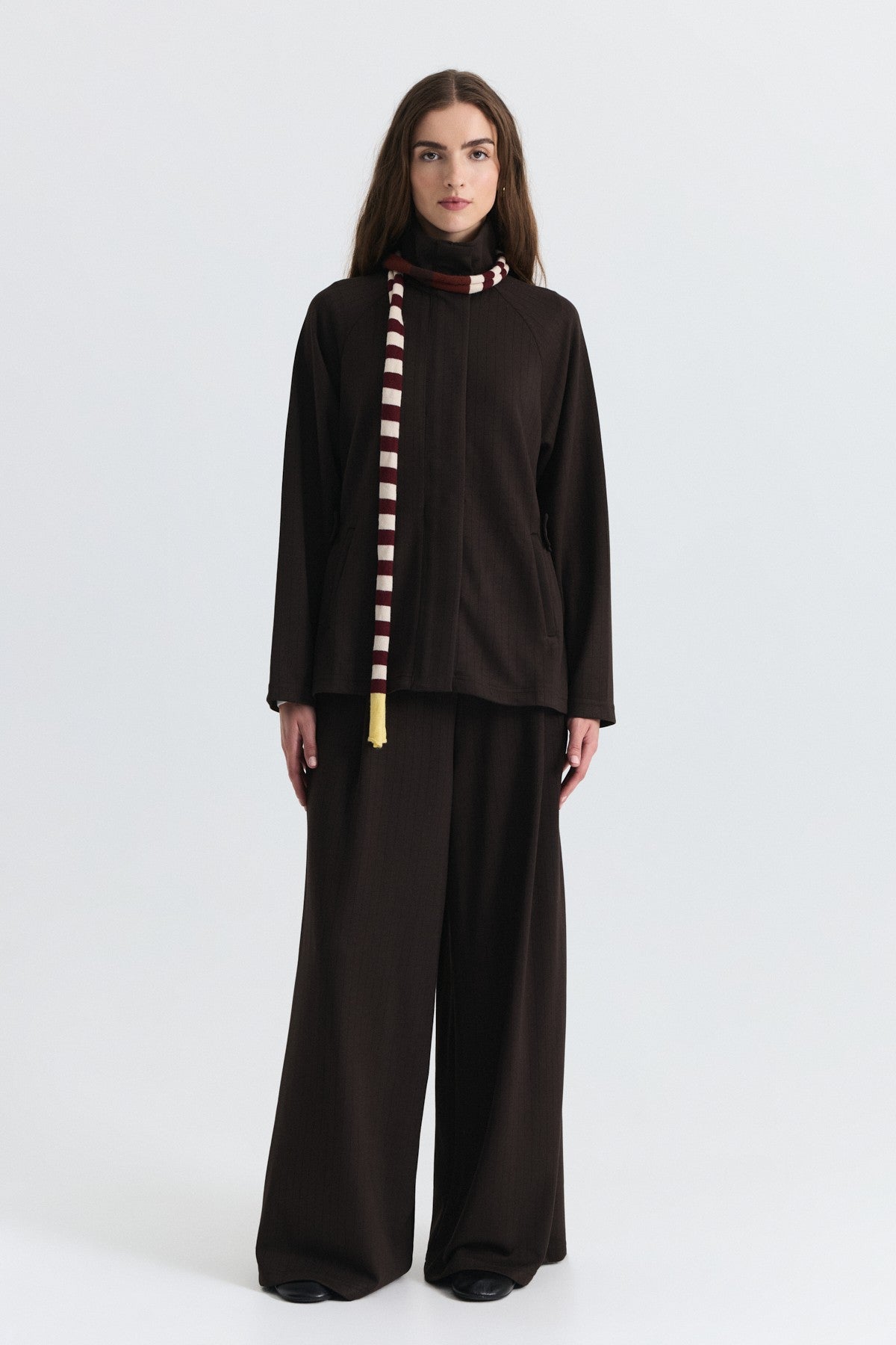 Soft-Textured Blazer and Pants Set with a Belt