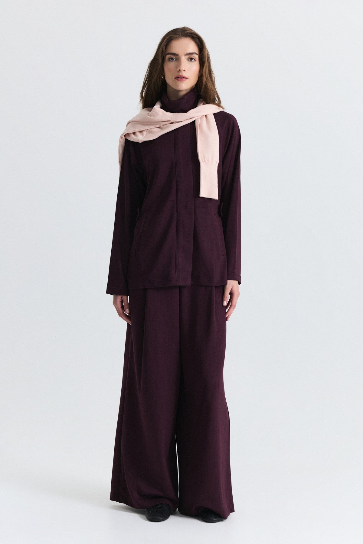 Soft-Textured Blazer and Pants Set with a Belt