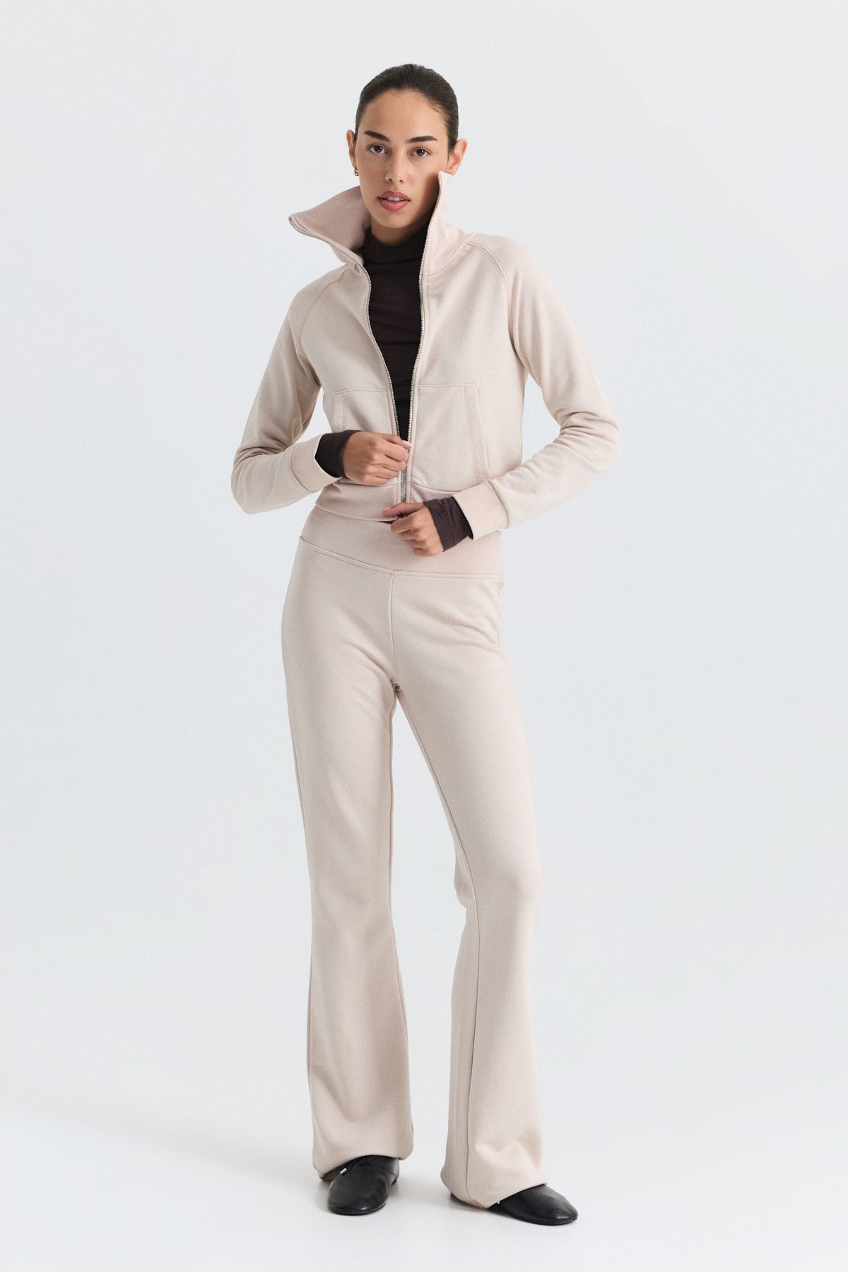 Zip-Up Sweatshirt and Bell-Bottom Sweatpants Set
